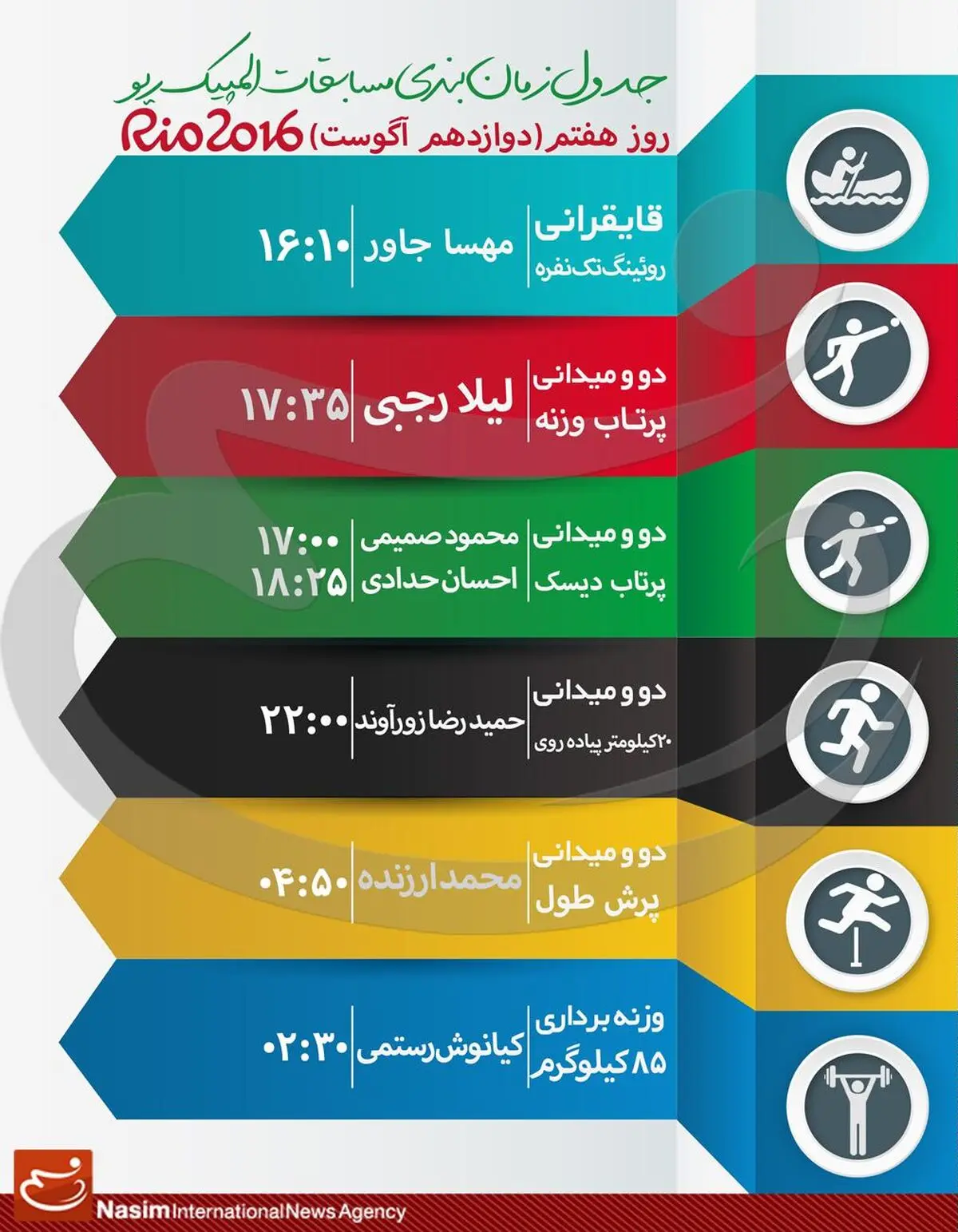 جدول زمان‌بندی مسابقات نمایندگان ایران در "روز هفتم" المپیک ریو