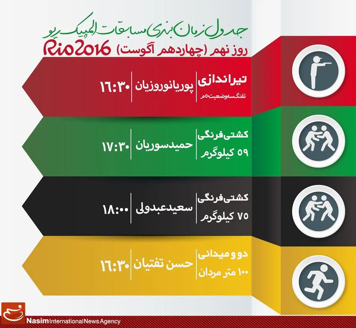 جدول زمان‌بندی مسابقات نمایندگان ایران در "روز نهم" المپیک ریو
