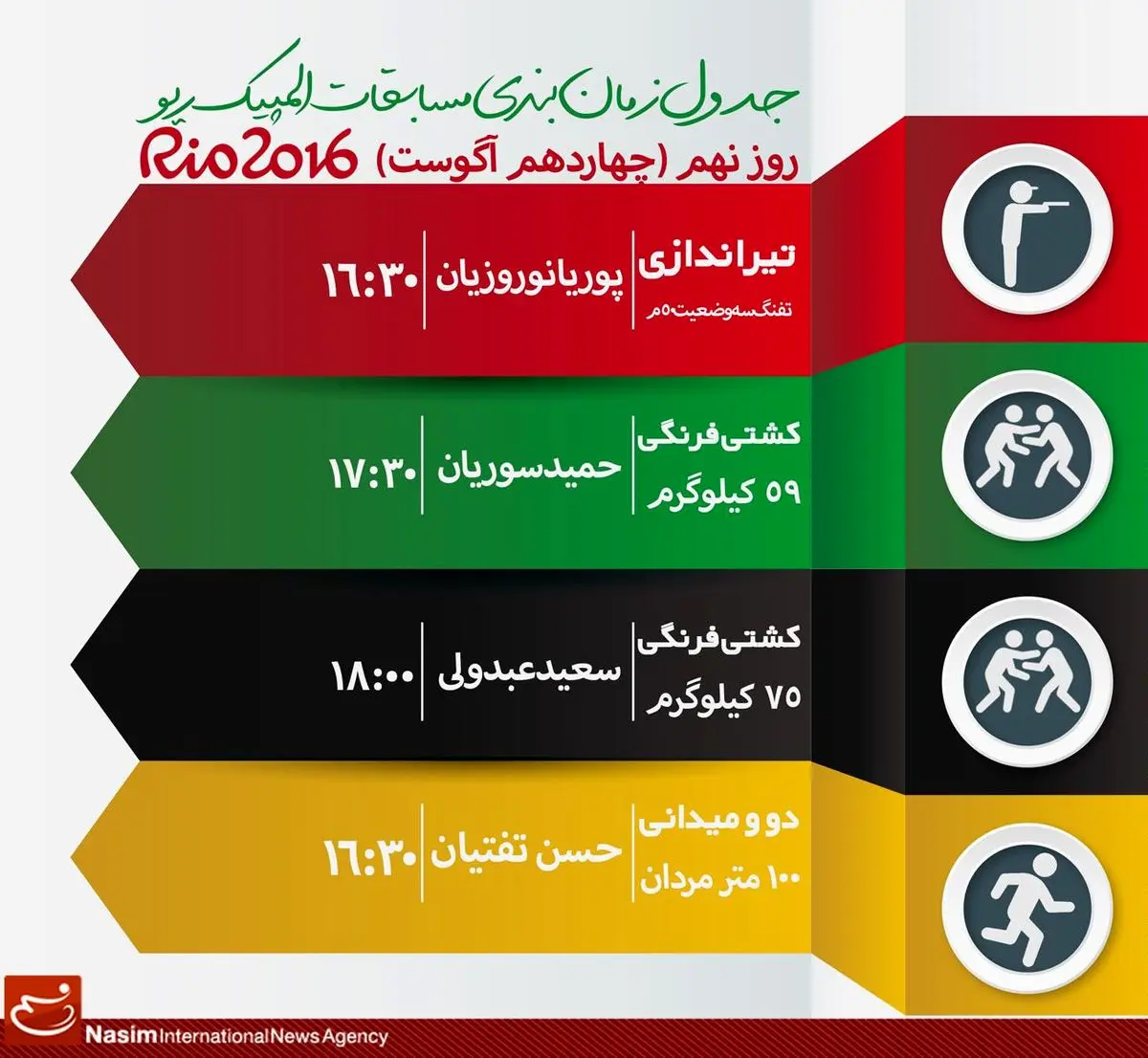 جدول زمان‌بندی مسابقات نمایندگان ایران در "روز نهم" المپیک ریو