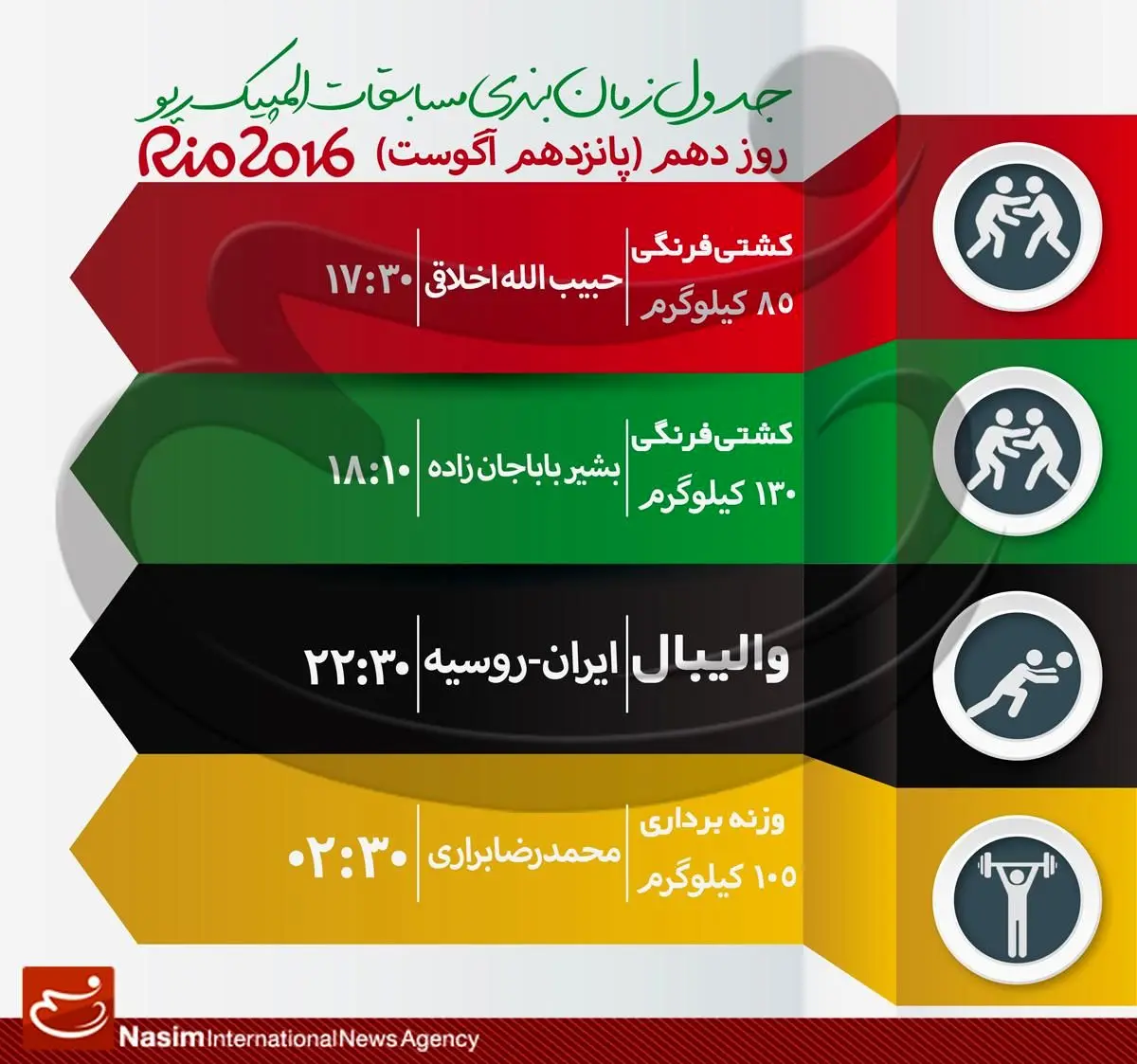 جدول زمان‌بندی مسابقات نمایندگان ایران در "روز دهم" المپیک ریو