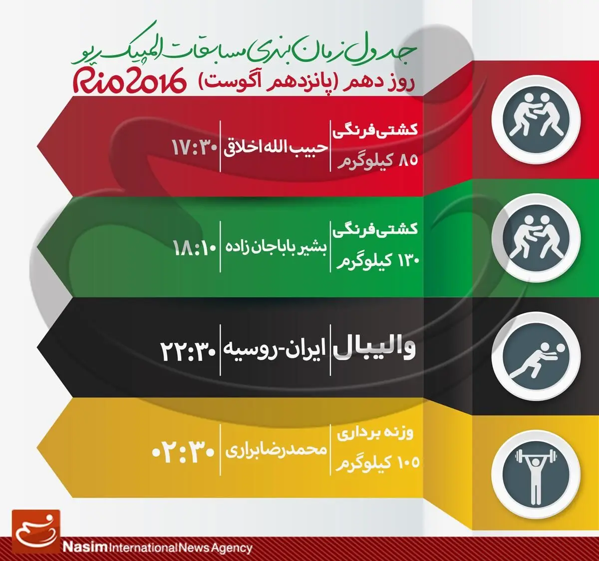 جدول زمان‌بندی مسابقات نمایندگان ایران در "روز دهم" المپیک ریو