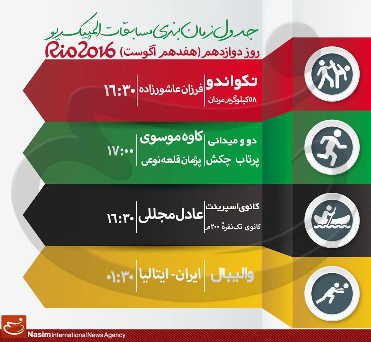 جدول زمان‌بندی مسابقات نمایندگان ایران در "روز دوازدهم" المپیک ریو