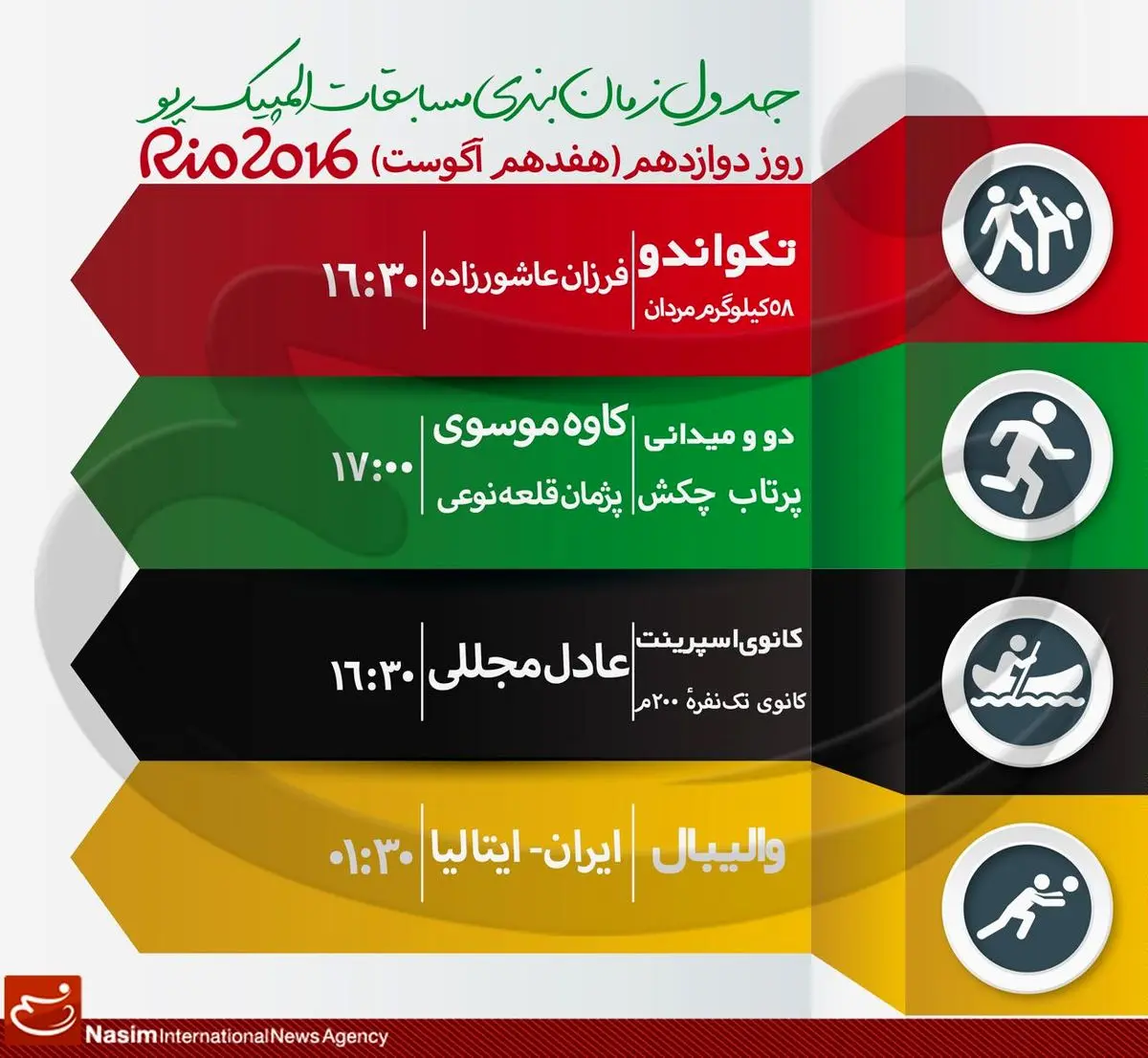 جدول زمان‌بندی مسابقات نمایندگان ایران در "روز دوازدهم" المپیک ریو