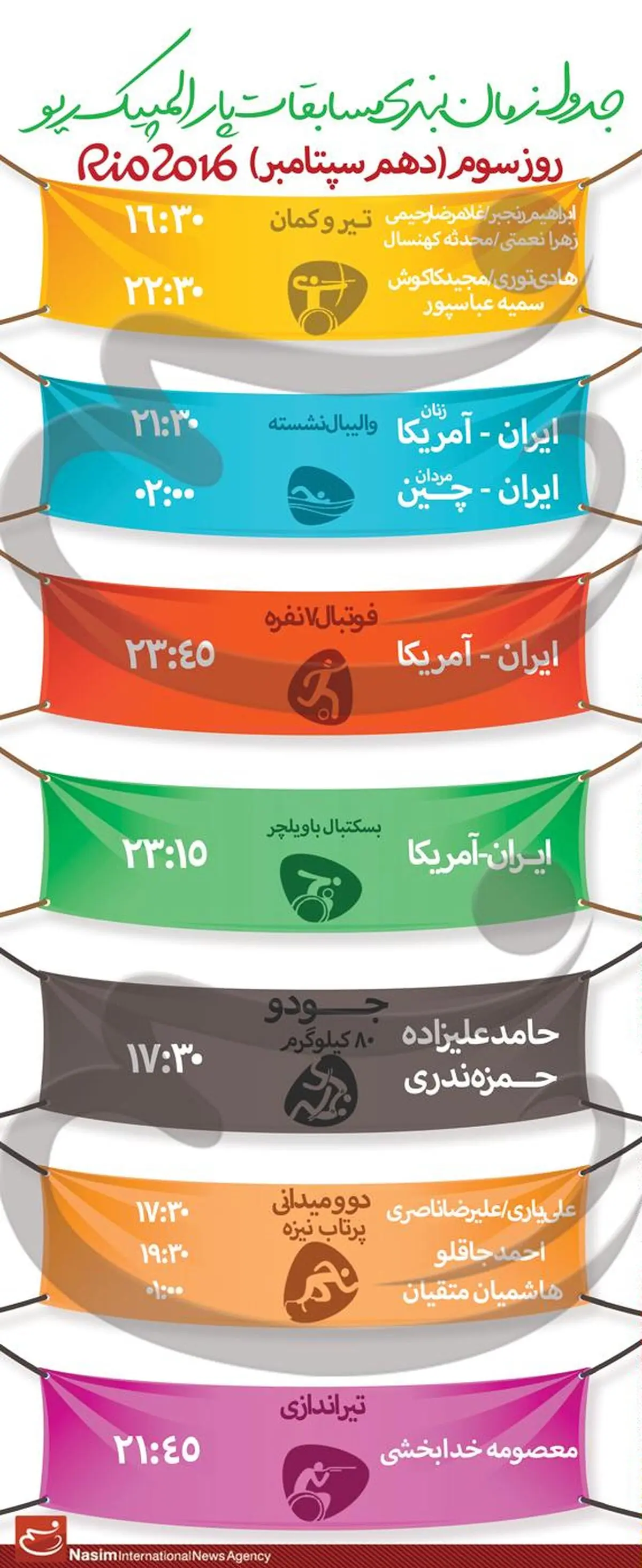جدول زمانبندی مسابقات نمایندگان ایران در "روز سوم" پارالمپیک ریو