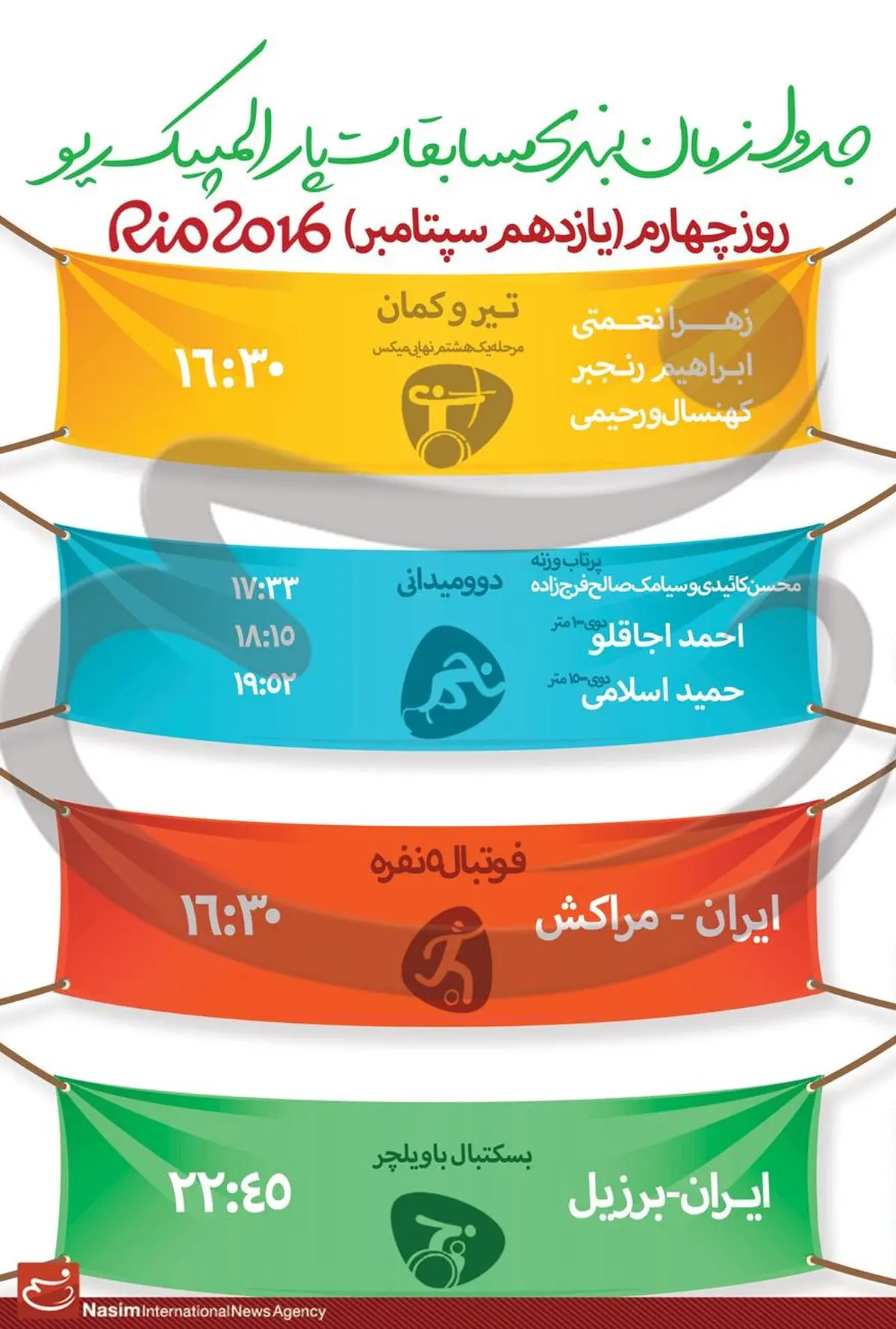 جدول زمانبندی مسابقات نمایندگان ایران در "روز چهارم" پارالمپیک ریو