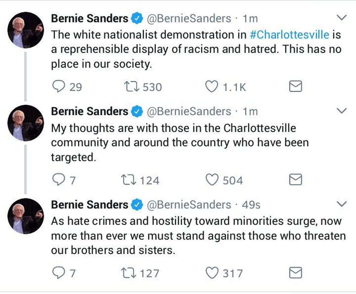 پیام توییتری سندرز در محکومیت خشونت‌های نژادپرستان آمریکایی در ویرجینیا+توییت