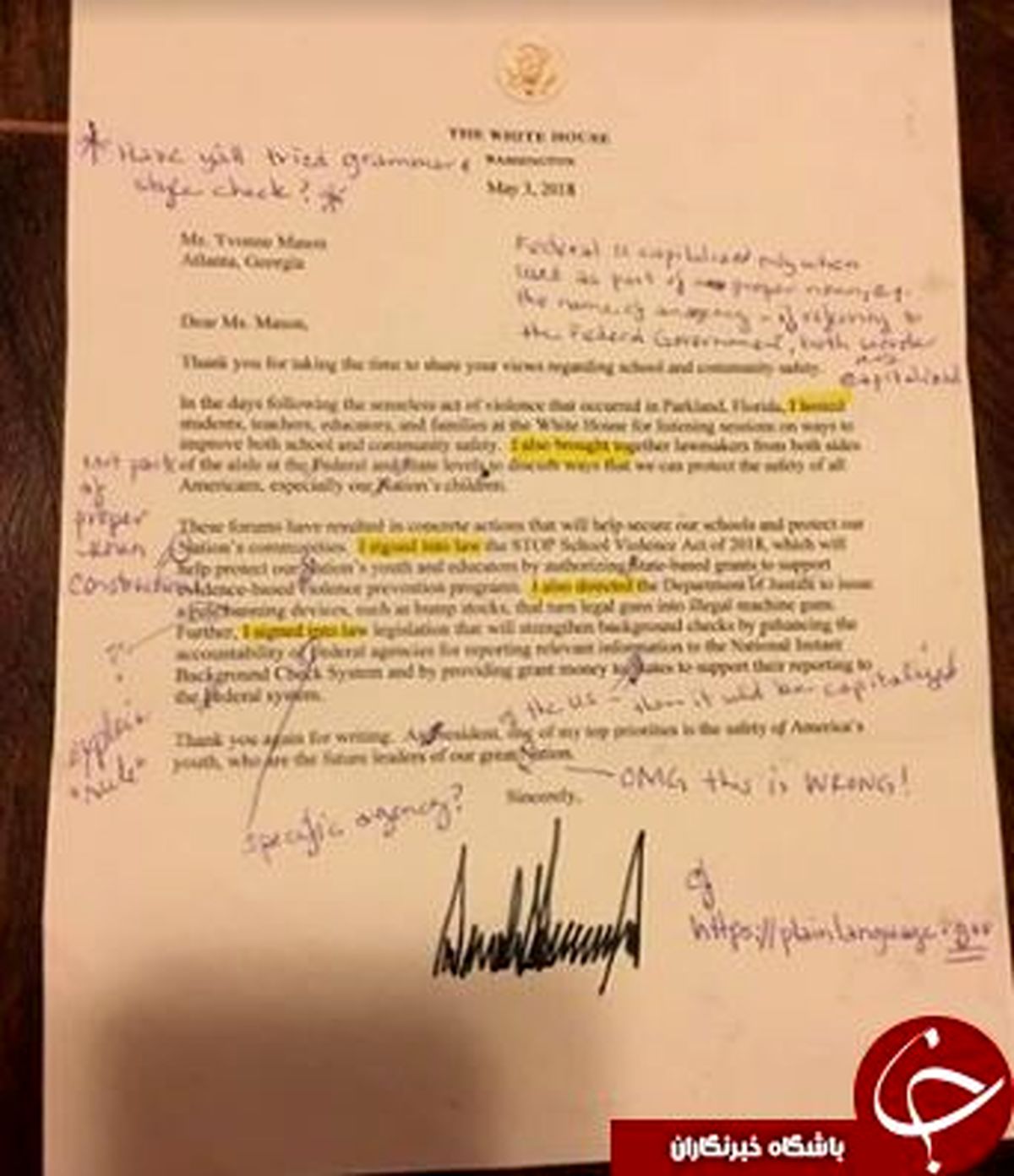 اصلاح نامه پر از غلط دونالد ترامپ بوسیله یک معلم زبان انگلیسی+ عکس