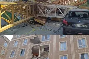 سقوط جرثقیل در خیابان پیامبر شرقی تهران؛ خسارت به ۵ واحد مسکونی و ۹ خودرو+عکس