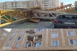 سقوط جرثقیل در خیابان پیامبر شرقی تهران؛ خسارت به ۵ واحد مسکونی و ۹ خودرو+عکس