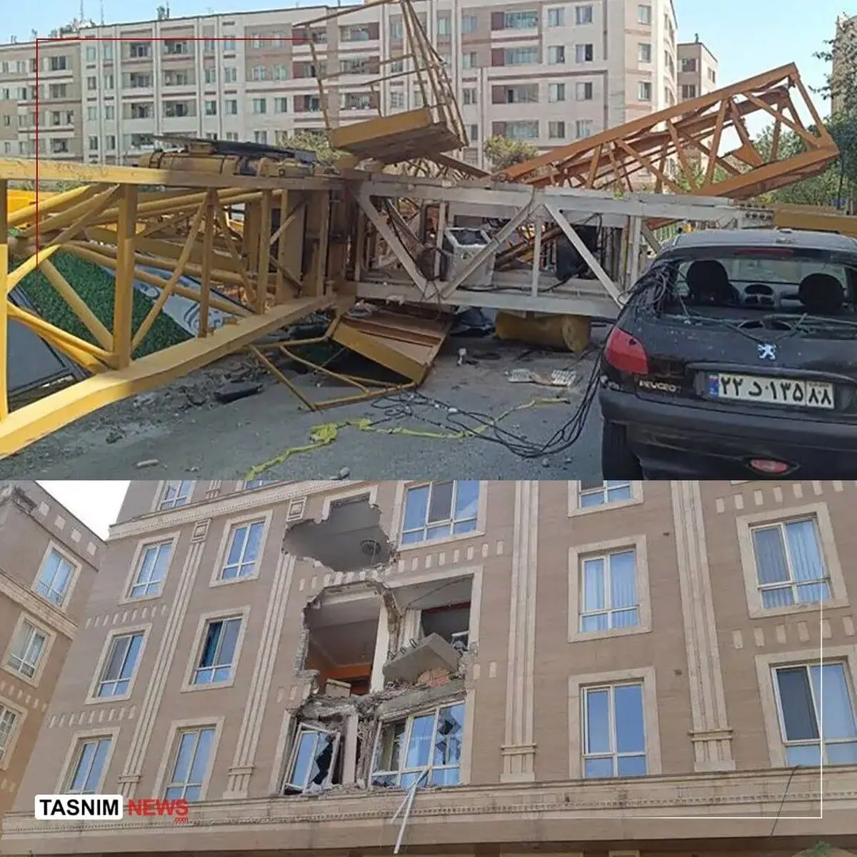سقوط جرثقیل در خیابان پیامبر شرقی تهران؛ خسارت به ۵ واحد مسکونی و ۹ خودرو+عکس