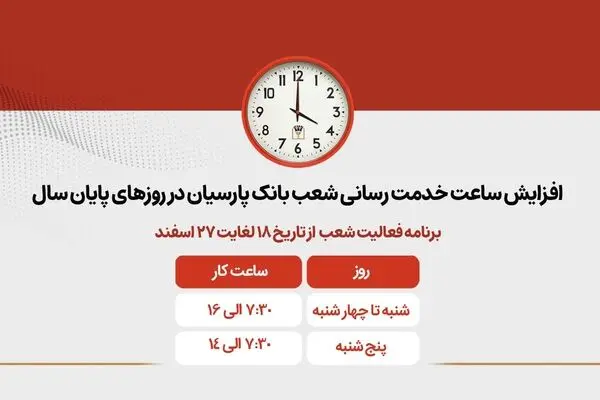 افزایش ساعات کاری شعب بانک پارسیان در روزهای پایانی سال